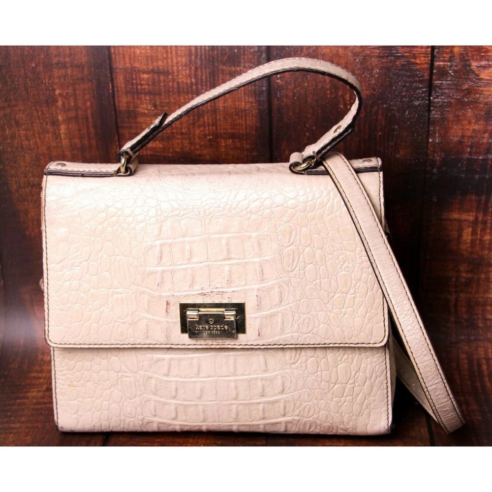 kate spade IVORY CROCO GENUINE LEATHER FLAP BRIEFCASE SHOULDER BAG HANDBAG PURSE